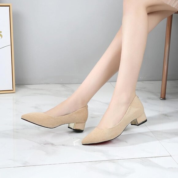 Women's Nude Suede Low Heels Stacked Block Heeled Causal Flats Pumps Shoes - Picture 4 of 7